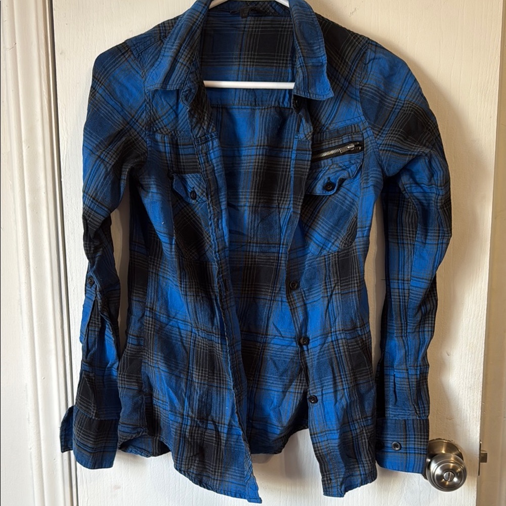 Blue and Black Plaid Button-Up Shirt